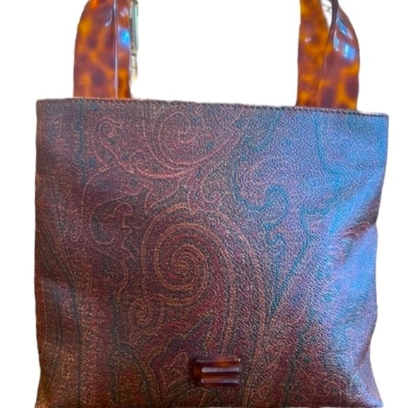 ETRO RARE PAISLEY TORTOISESHELL PATTERN PLASTIC HANDLE HANDBAG PVC/LEATHER - Picture 6 of 14